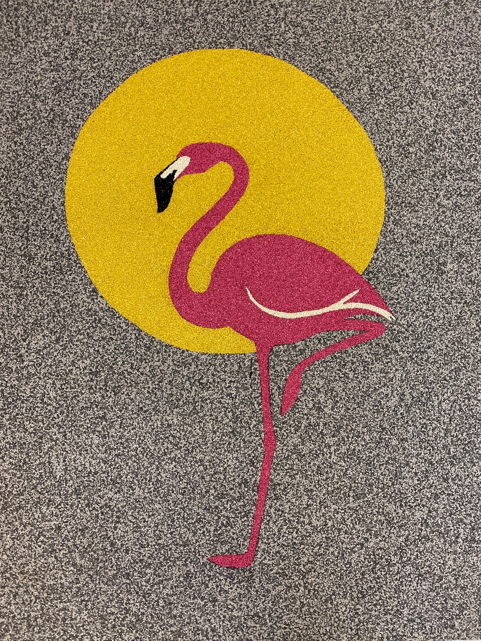 Aquatic Center after rubber surfacing installation with a pink flamingo