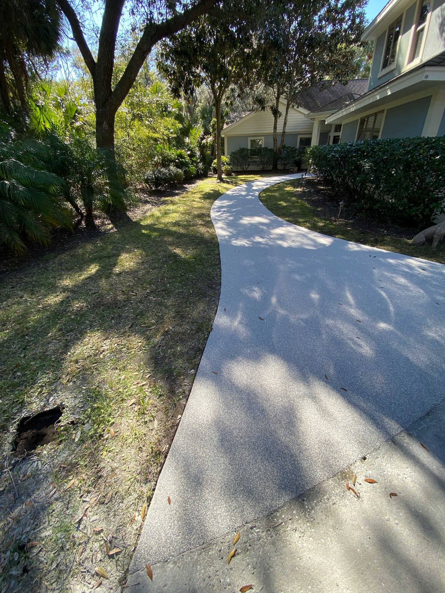 Residential walkway with rubber surfacing -  leading to a house with trees and greenery on a sunny day